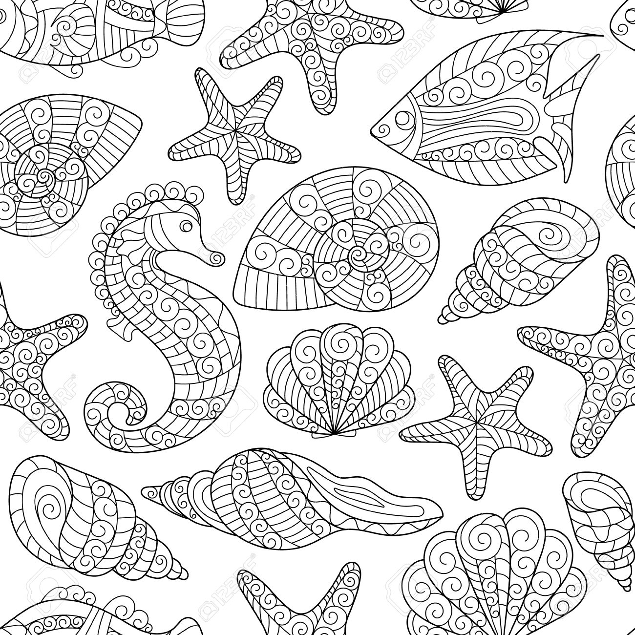 seamless noir et blanc pour le livre de coloriage Coquillages étoiles de mer