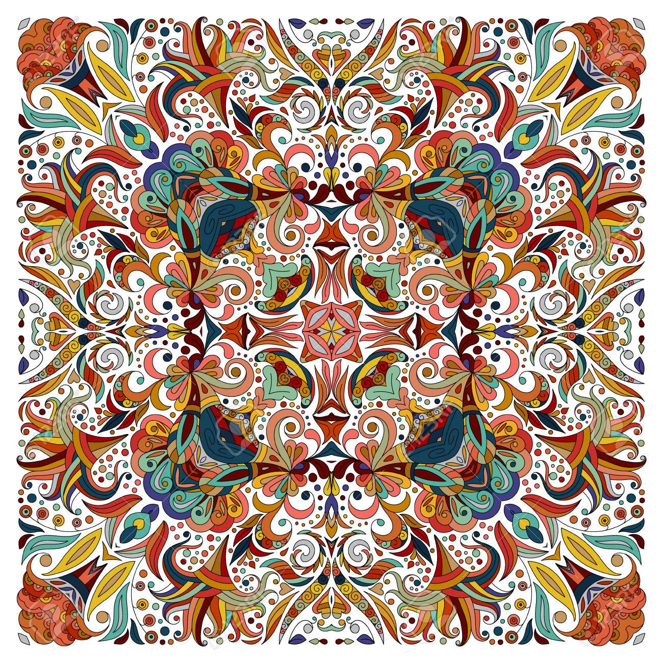 カラフルな観賞用花ペイズリー ショール バンダナ 枕 スカーフ 正方形のパターン 花のスカーフ デザインを詳しく説明します 茶色赤東部に青い飾り白い背景 バティック のイラスト素材 ベクタ Image