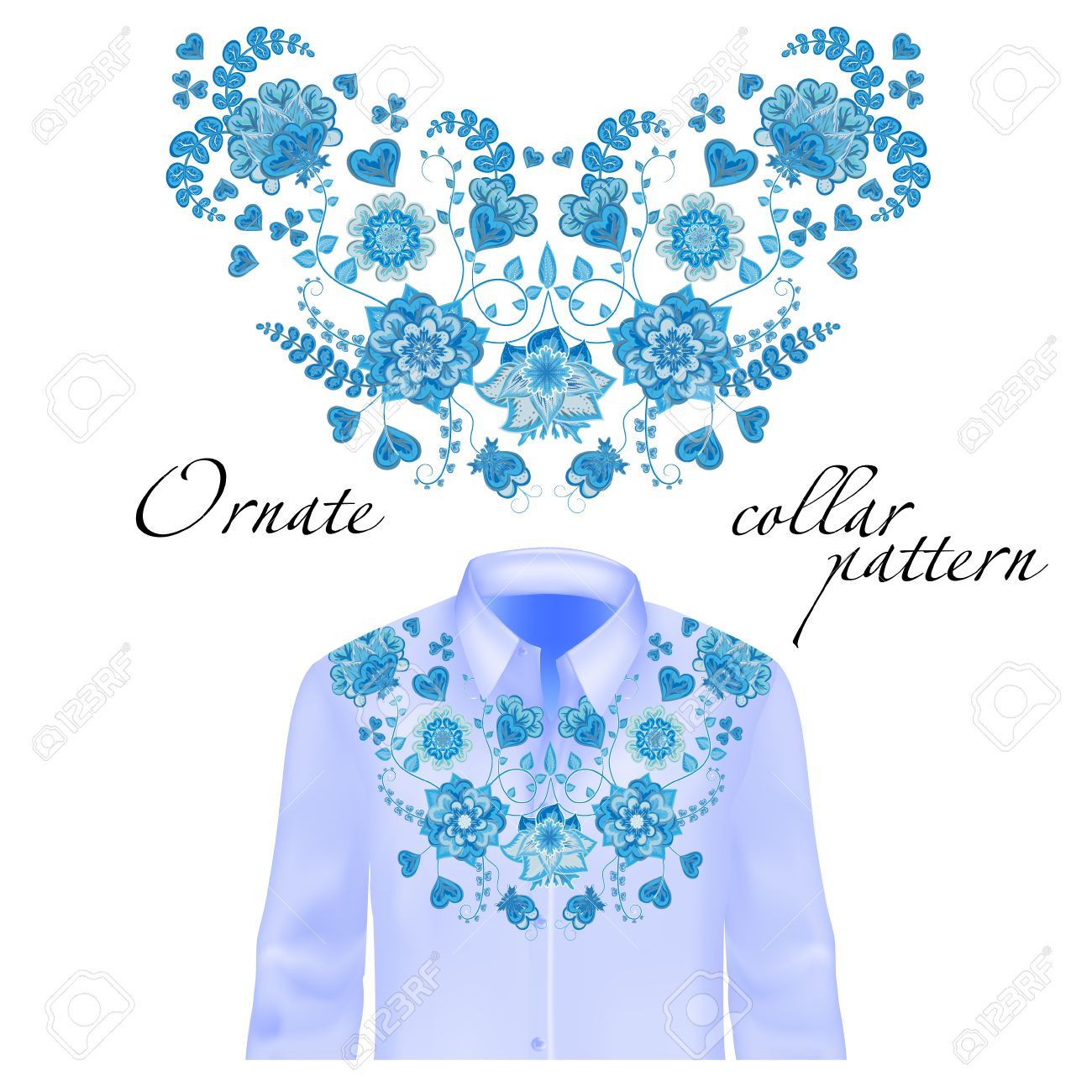 花カール首刺繍ブラウス ベクターの図 服の装飾 フロント カラー デザイン 青シャツのモックアップ のイラスト素材 ベクタ Image