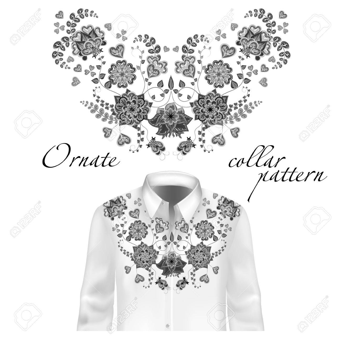 花カール首刺繍ブラウス ベクターの図 服の装飾 フロント カラー デザイン 白いシャツのモックアップに灰色 のイラスト素材 ベクタ Image