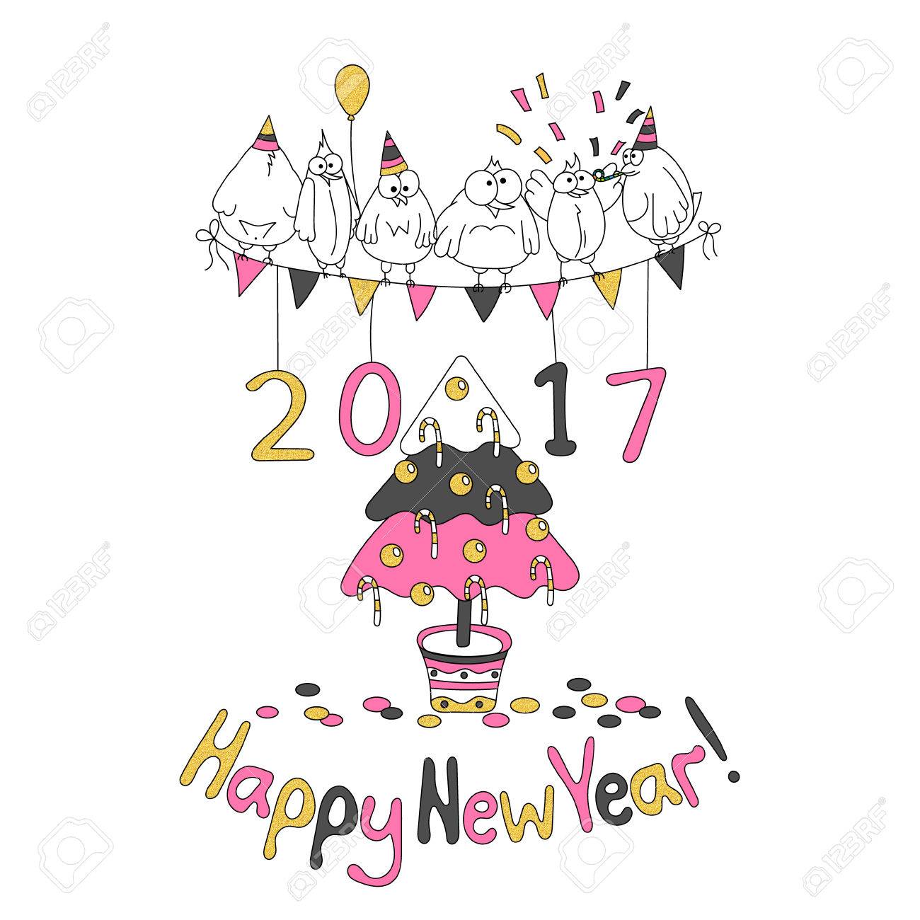 Carte De Voeux De Bonne Annee Avec Des Oiseaux Droles De Dessin Anime Main Dessiner Illustration Vectorielle Couleurs A La Mode Or Scintillant Gris Rose Clip Art Libres De Droits Vecteurs