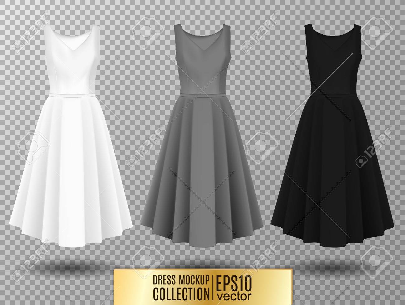 女性のドレス実物大模型のコレクション ロング プリーツ スカートをドレスします リアルなベクター イラスト です 手作りの完全に編集可能なメッシュ 袖がなくお祝いドレス 白 グレー ブラックのバリエーション のイラスト素材 ベクタ Image