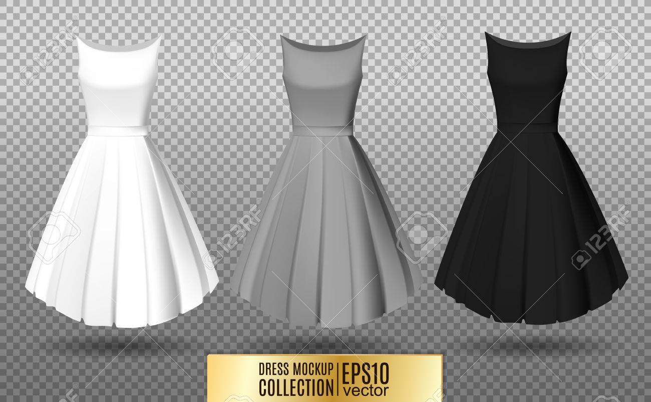 レディースドレスモックアップコレクション 長いプリーツスカートのドレス リアルなベクトルイラスト 完全に編集可能な手作りメッシュ 袖のないお祝いのドレス 白 グレー 黒のバリエーション のイラスト素材 ベクタ Image