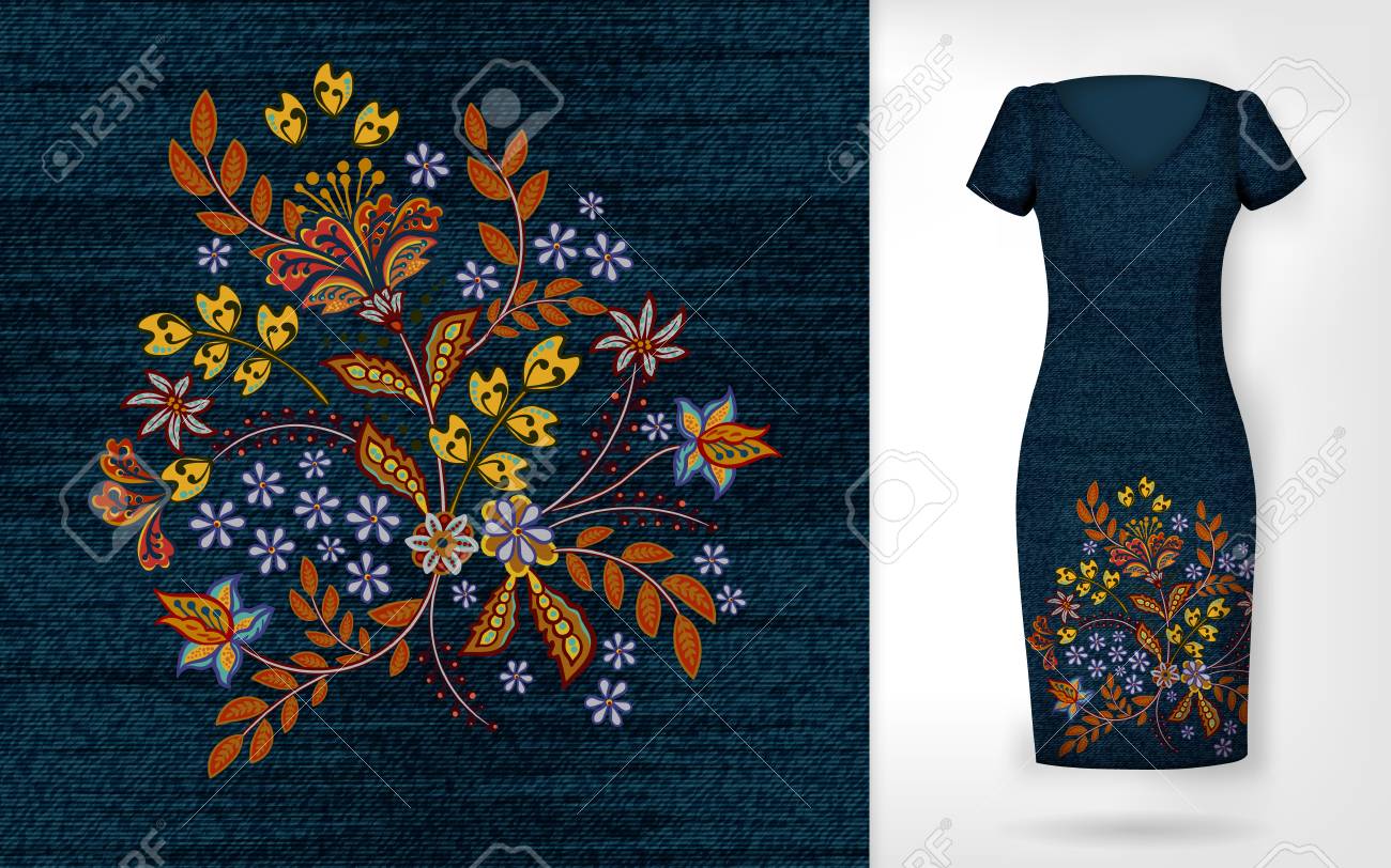 denim dress with embroidered flowers