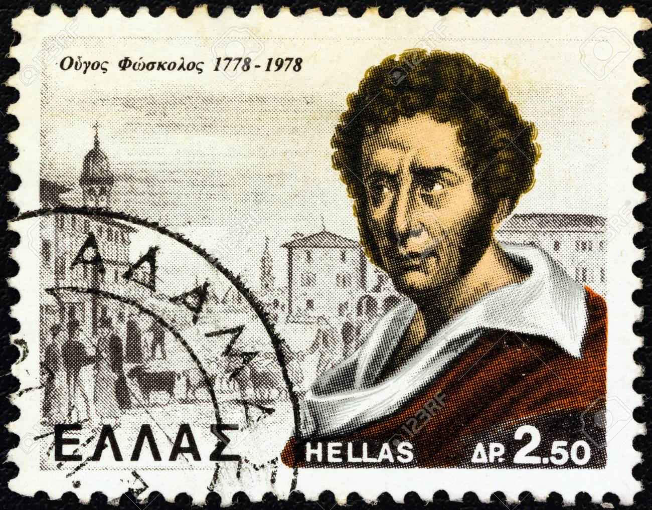 ギリシャ - 1978 年頃: ギリシャ彼の誕生 200 周年を示していますイタリアの詩人ウーゴフォスコロ、ザキントス島、1978  年頃の生まれの発行の印刷スタンプです。の写真素材・画像素材 Image 14142751