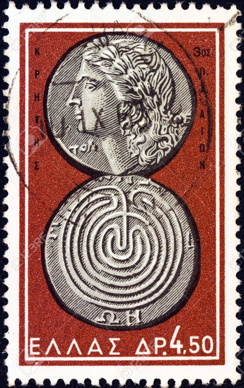ギリシャ - 1963 年頃: 紀元前 3 世紀 (アポロと迷宮） 1963 年頃クレタ島からコインを「古代ギリシャ コイン」問題の番組からギリシャで印刷スタンプです。の写真素材・画像素材  Image 15022702