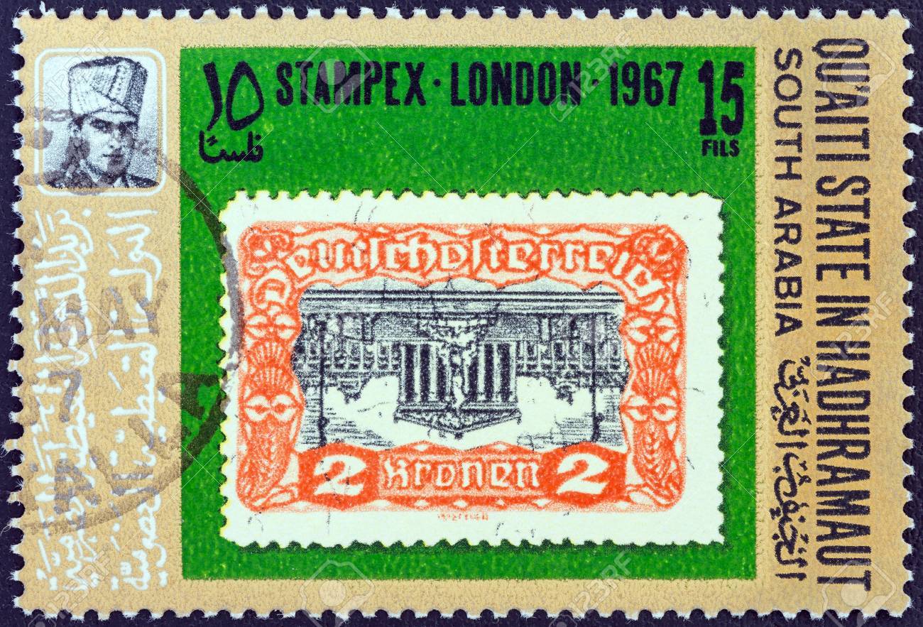 Quaiti 状態で 1967 年 ハドラマウト Stampex ロンドン展からイエメンに印刷スタンプ 切手エラー は 1967 年国会議事堂 1919 年 を反転問題オーストリアを示しています の写真素材 画像素材 Image 1210