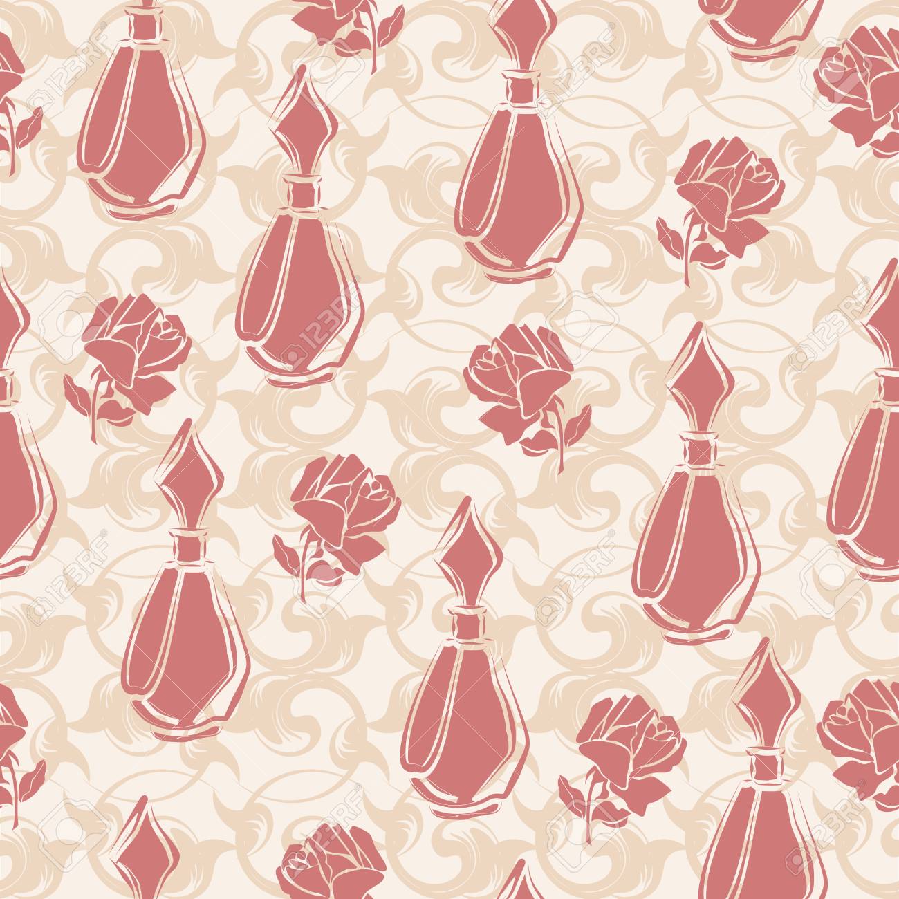 香水瓶とバラのシルエットとのシームレスなパターン のイラスト素材 ベクタ Image