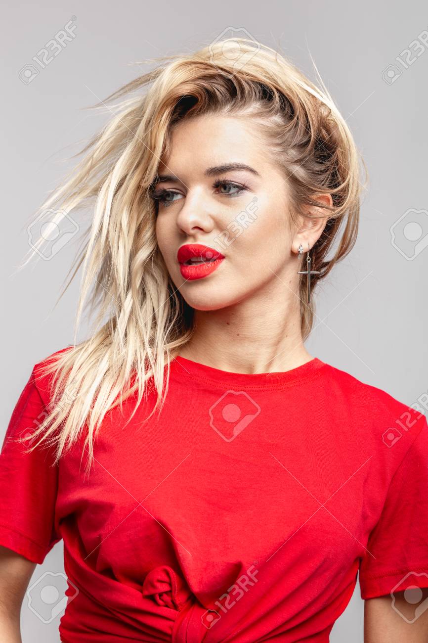 red lipstick and a tshirt shirt