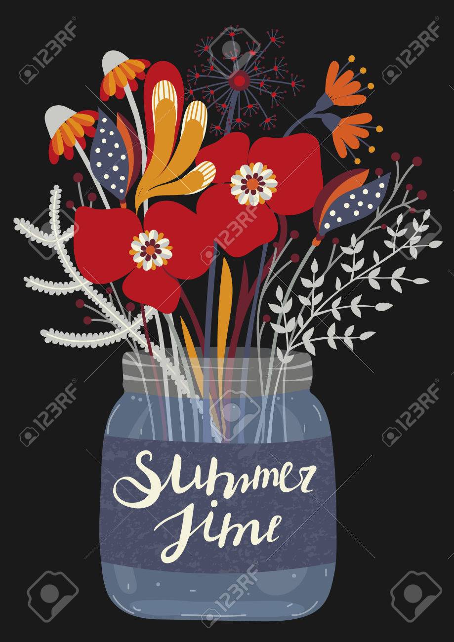 bouquet of flowers in glass jar lettering summertime floral postcard flyer size art card