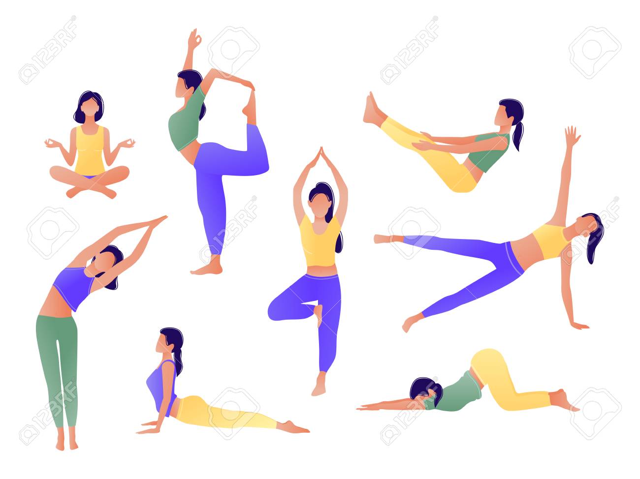 Yoga workout girl set. Women doing yoga exercises. Can be used for poster, banner, flyer, card, website. Warming up, stretching. Vector illustration. Green yellow violet - 117872202 Yoga workout girl set. Women doing yoga exercises. Can be used for poster, banner, flyer, card, website. Warming up, stretching. Vector illustration. Green yellow violet - 117872202