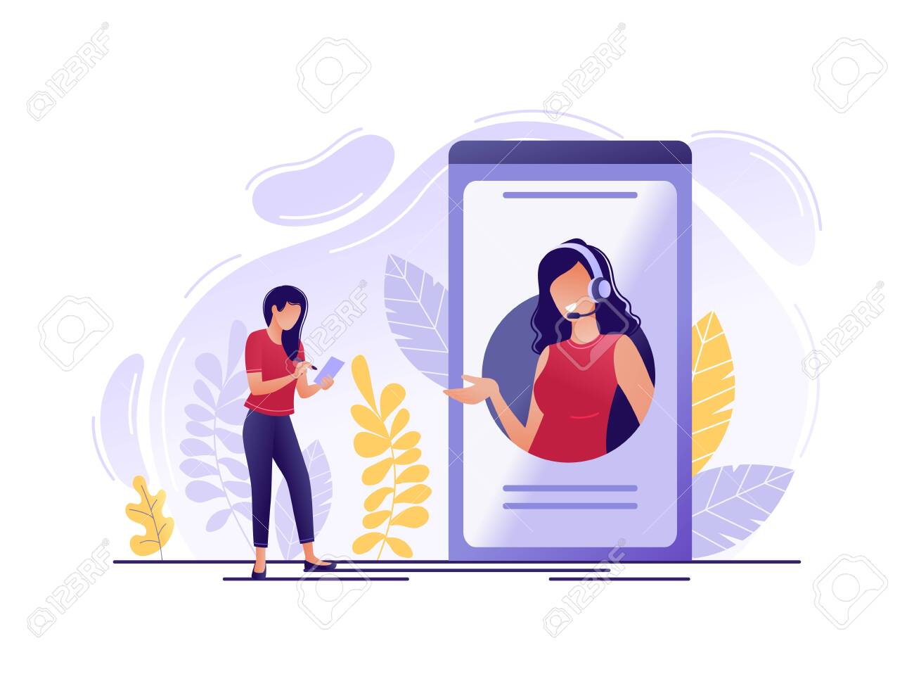 Online technical support. Woman near big phone with female hotline operator. Online assistant, virtual help service, 24-7, customer and operator. Flat concept vector illustration - 123180637 Online technical support. Woman near big phone with female hotline operator. Online assistant, virtual help service, 24-7, customer and operator. Flat concept vector illustration - 123180637