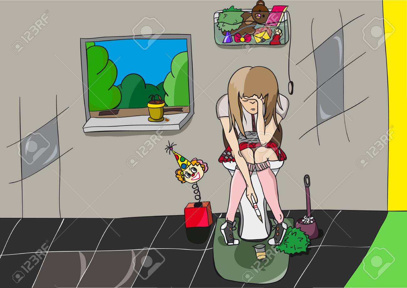 妊娠テストやおもちゃでトイレの形で女子高生のイラスト素材・ベクター Image 23861262