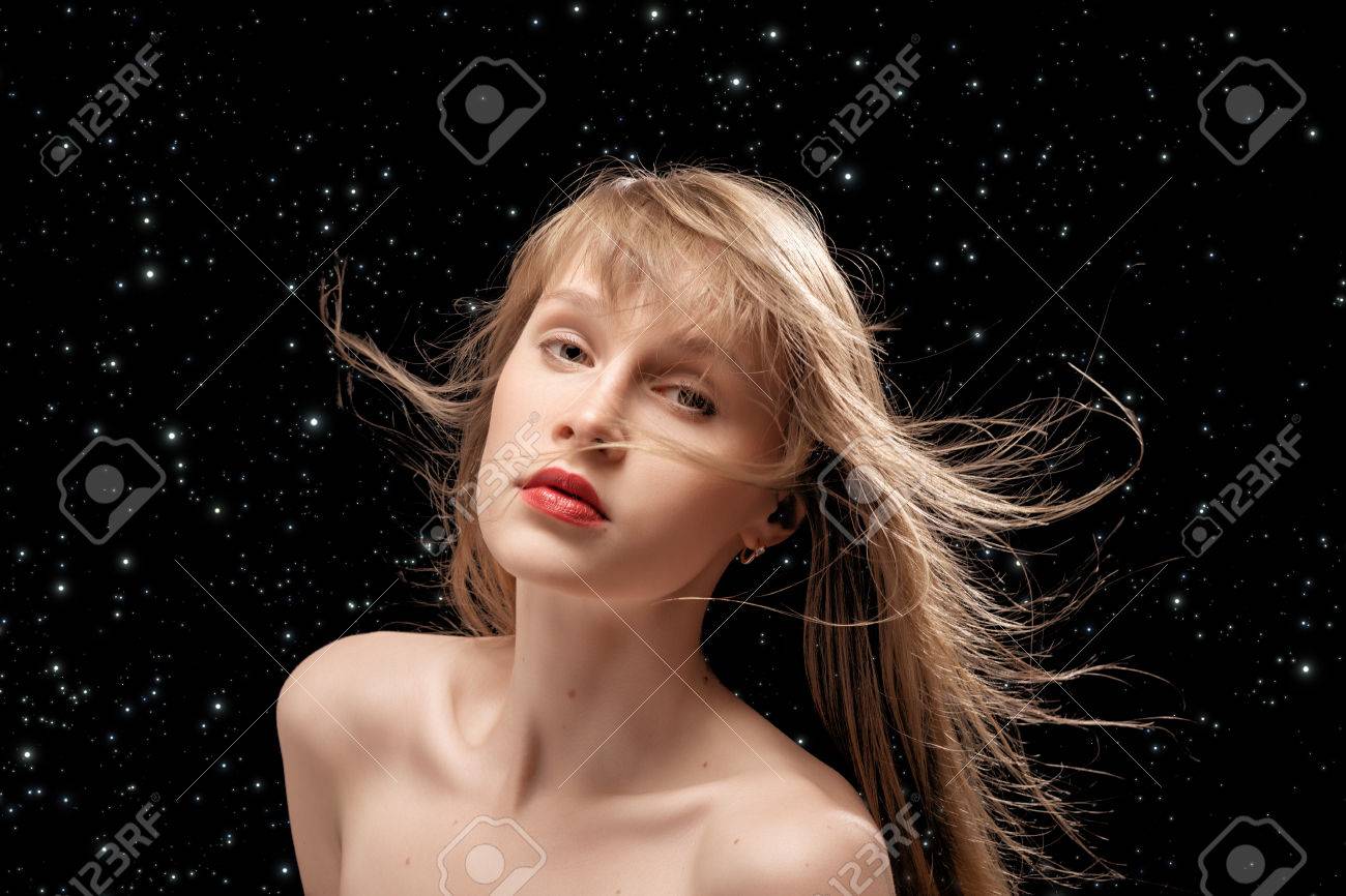 Luxury Naked Woman With Flying Hair On Stars Sky Background Stock Photo,  Picture and Royalty Free Image. Image 40223819.