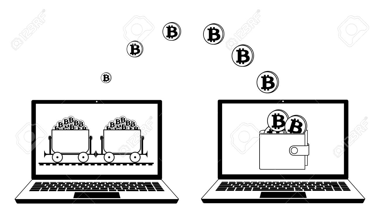 노트북의 지갑에서 채굴 비트 코인 및 전송, 노트북의 비트 코인으로 채굴 트롤리, 노트북의 비트 코인 지갑 로열티 무료 사진, 그림,  이미지 그리고 스톡포토그래피. Image 97041993