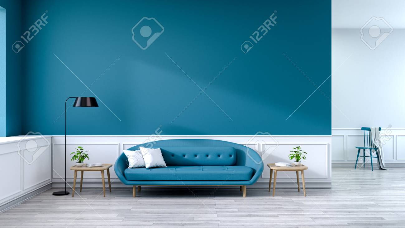 Minimalist Interior Of Living Room Blue Sofa With Wood Table Stock Photo Picture And Royalty Free Image Image 94356840