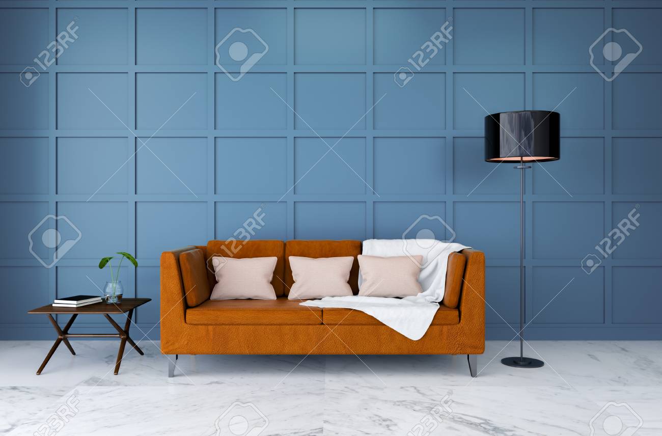 モダンな客室のインテリアデザイン ライトブルーの壁付きブラウンレザーソファ 3dレンダー の写真素材 画像素材 Image