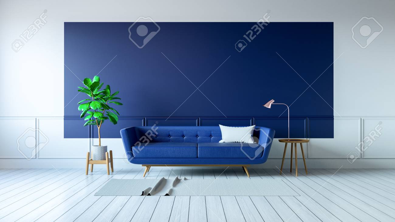 ヴィンテージブルーの部屋のインテリア 白い床の青いソファ 3dレンダリング の写真素材 画像素材 Image