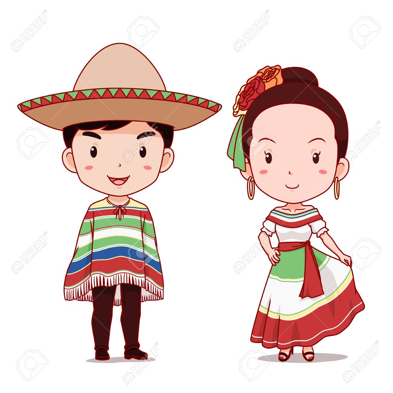 Cute Couple Of Cartoon Characters In Mexican Traditional Costume