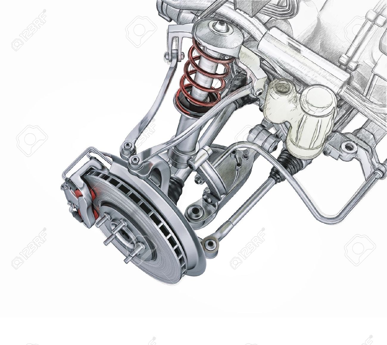 Multi Link Vor Dem Auto Aufhangung Mit Bremse Perspektivische Ansicht Fotorealistische 3 D Rendering Mit Morphing Effekt Zu Handzeichnung Skizzieren Lizenzfreie Fotos Bilder Und Stock Fotografie Image 20083246