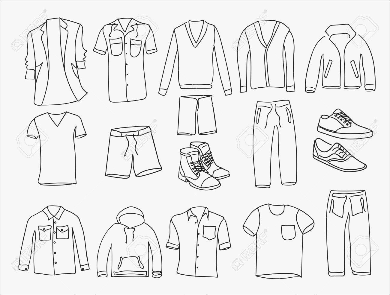 ミニマルな男性服や靴イラスト アイコンは 白い背景の上の細い線のスタイル のイラスト素材 ベクタ Image