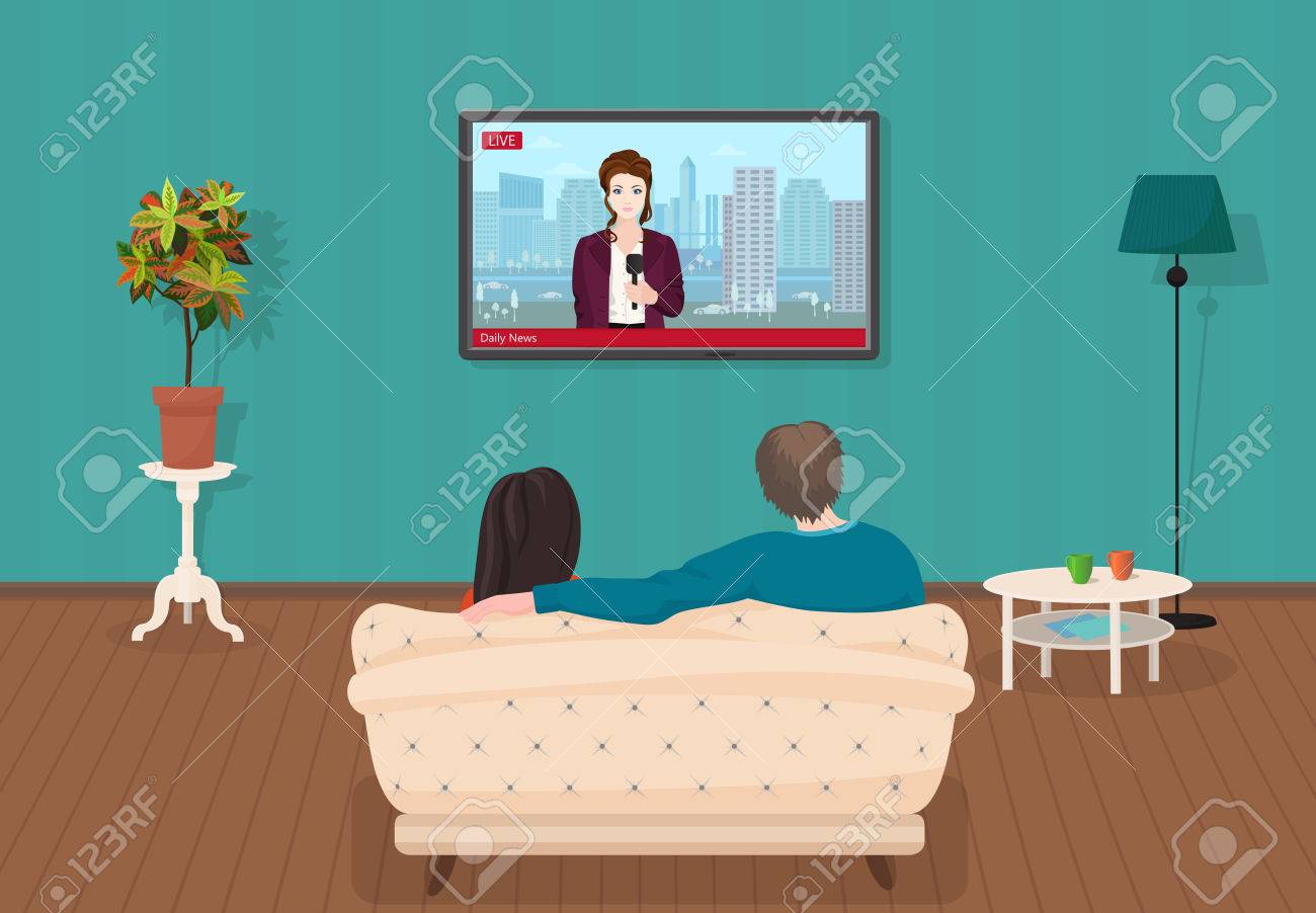 Young family man and women watching TV daily news program together in the living room. Vector illustration - 55630096 Young family man and women watching TV daily news program together in the living room. Vector illustration - 55630096