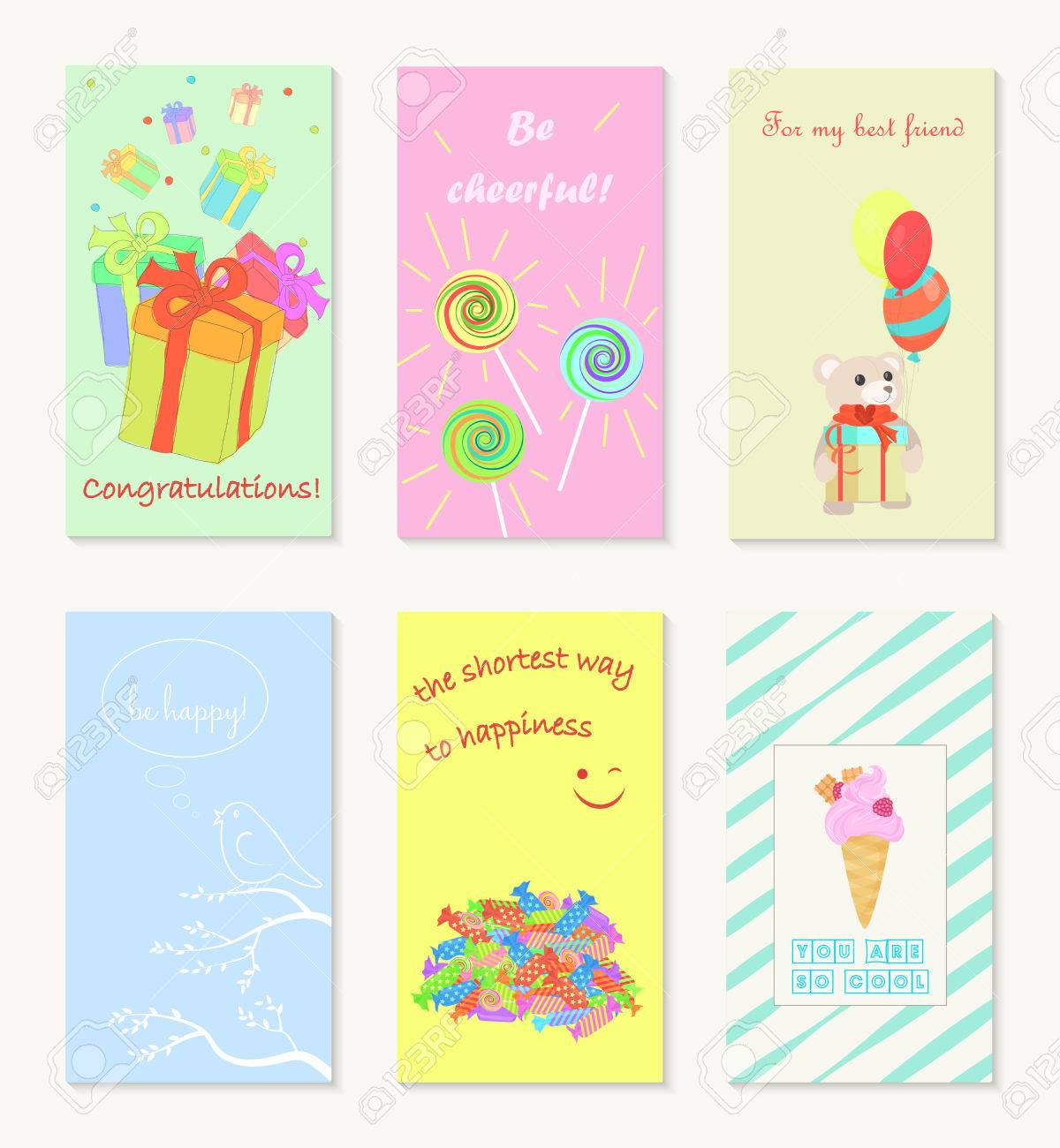 Conception De Cartes De Voeux D Anniversaire Et Vacances Invitation Avec Ballon Bonbons Creme Glacee Et Arbre Clip Art Libres De Droits Vecteurs Et Illustration Image