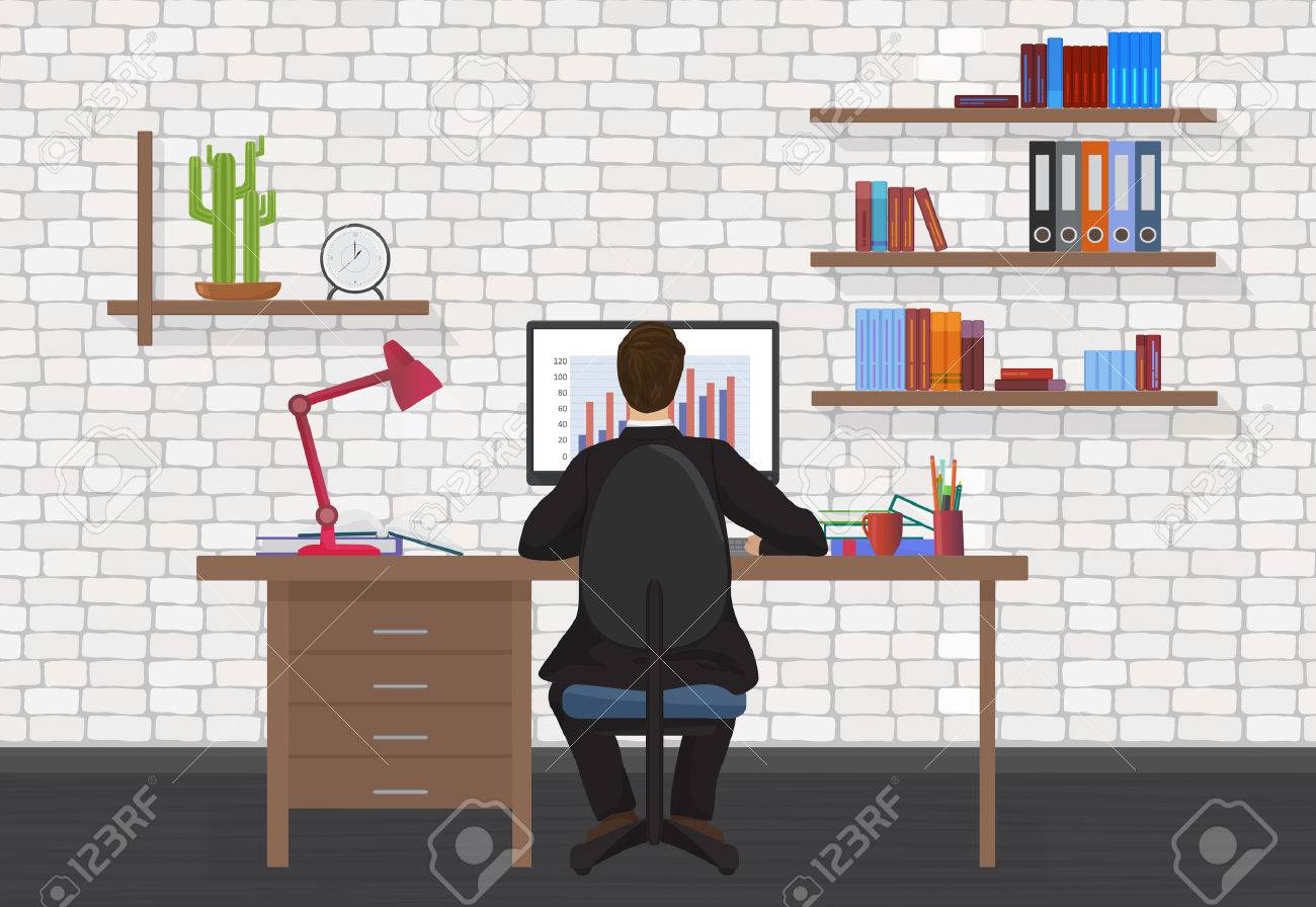 Back view of Business Man working on desktop computer in the modern office - 57492222 Back view of Business Man working on desktop computer in the modern office - 57492222