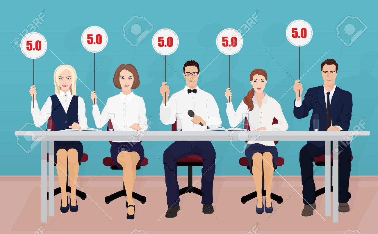 Group Of Professional Competition Judges Holding Tablets With Estimates Royalty Free Cliparts Vectors And Stock Illustration Image