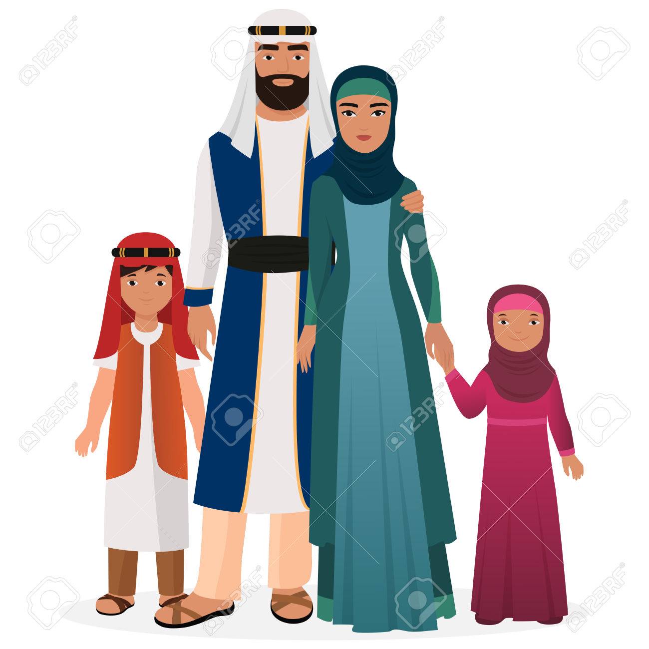 アラビア家族 アラビア人そして伝統的な国民服で男の子と女の子の子供を持つ女性 のイラスト素材 ベクタ Image