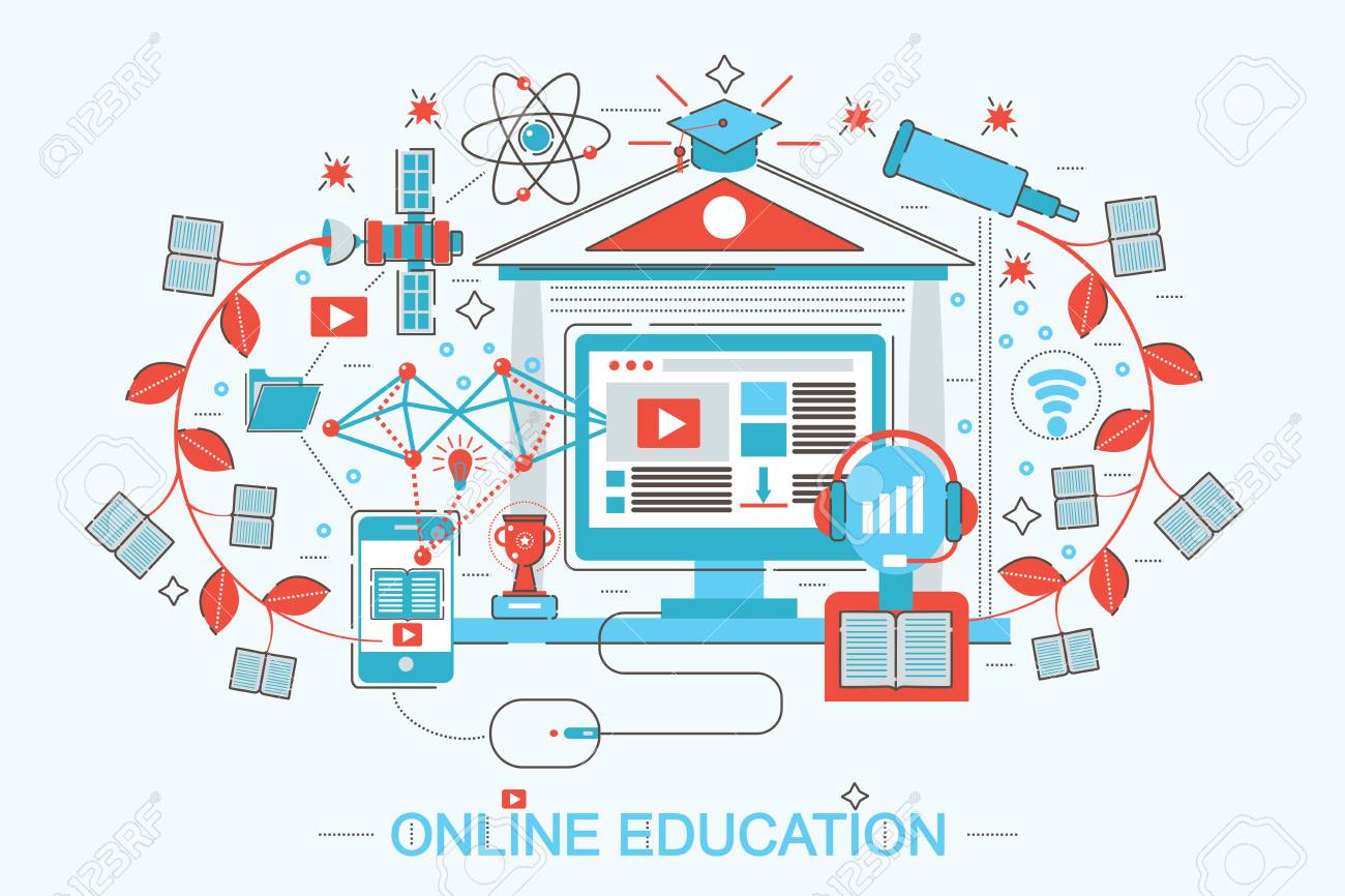 modern flat line design online education and e learning concept flyer for online education