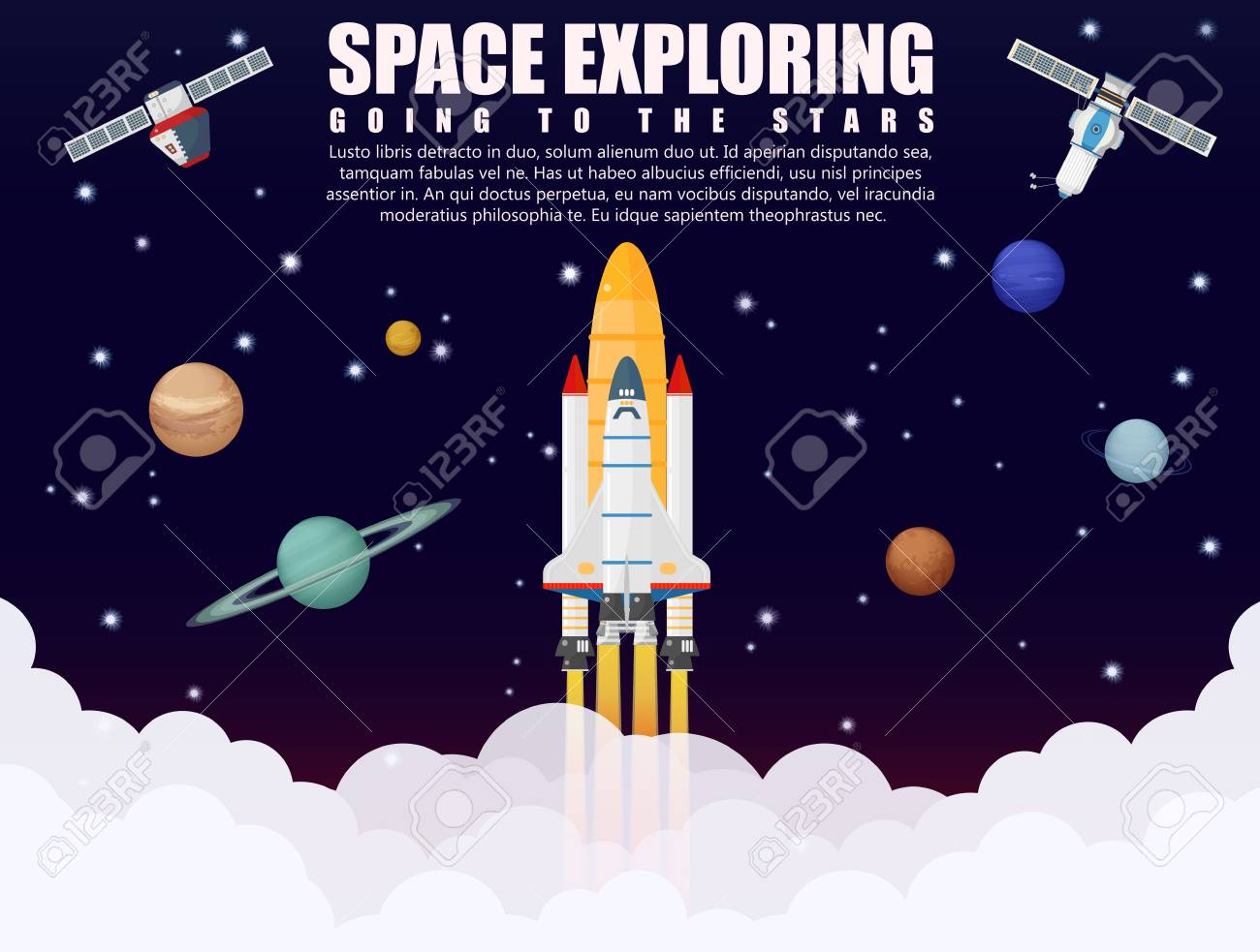 Space ship rocket launch exploring and research with realistic satellite and planets concept. Business startup. Vector illustration - 60316300 Space ship rocket launch exploring and research with realistic satellite and planets concept. Business startup. Vector illustration - 60316300