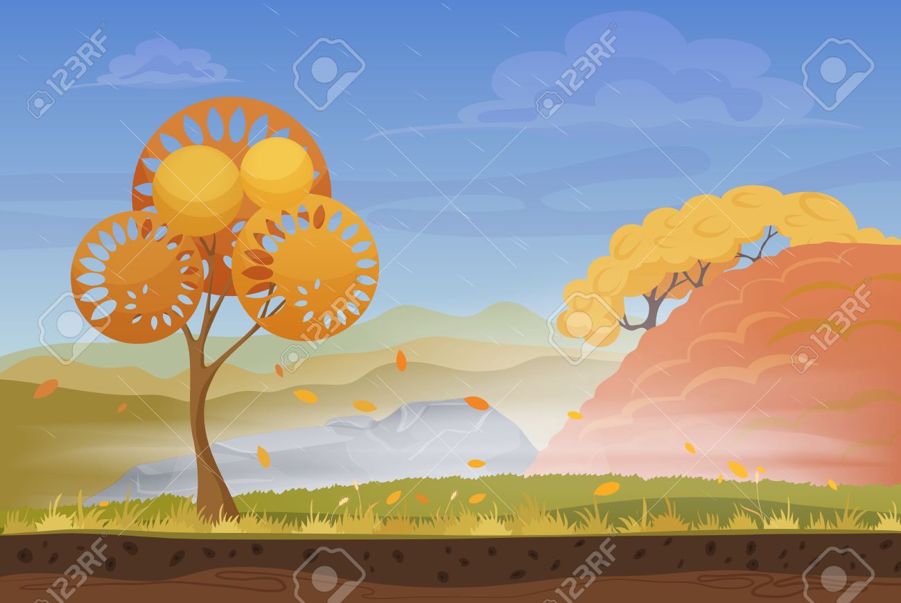 草 木 曇り空山丘と嵐雨風寒い日で自然の秋風景を漫画します ベクトル ゲーム スタイルのイラスト ゲームの背景 のイラスト素材 ベクタ Image