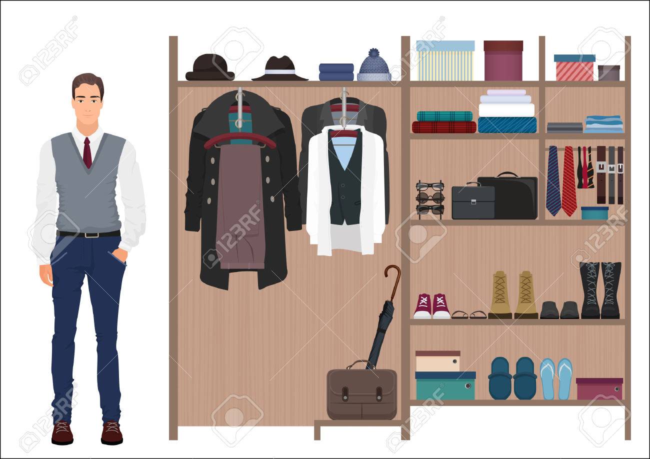 Stylish Fashion Man And Mens Wardrobe Vector Mens Dressing Room