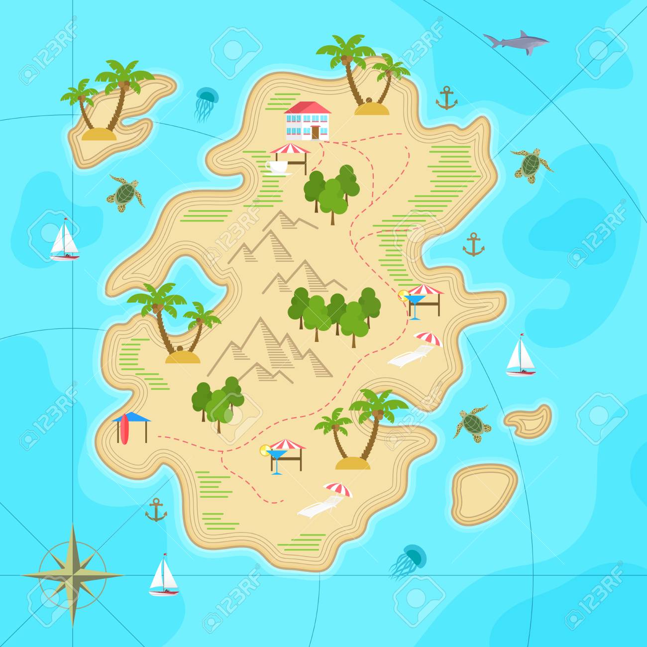 Cartoon tropical island in ocean. Top view exotic island map. Vector game design for app. - 77007262 Cartoon tropical island in ocean. Top view exotic island map. Vector game design for app. - 77007262