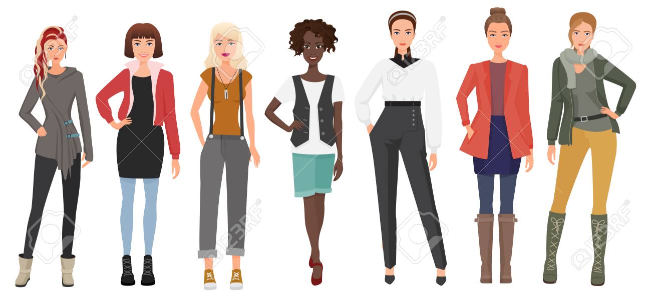 ファッションの服の美しい若い女性を設定します 女の子の漫画の女性キャラクター ベクトルの図 のイラスト素材 ベクタ Image 79168199