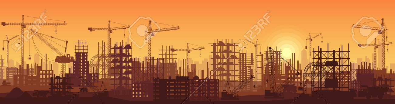Wide high detailed banner illustration silhouette in sunset of buildings under construction in process. - 85312717 Wide high detailed banner illustration silhouette in sunset of buildings under construction in process. - 85312717