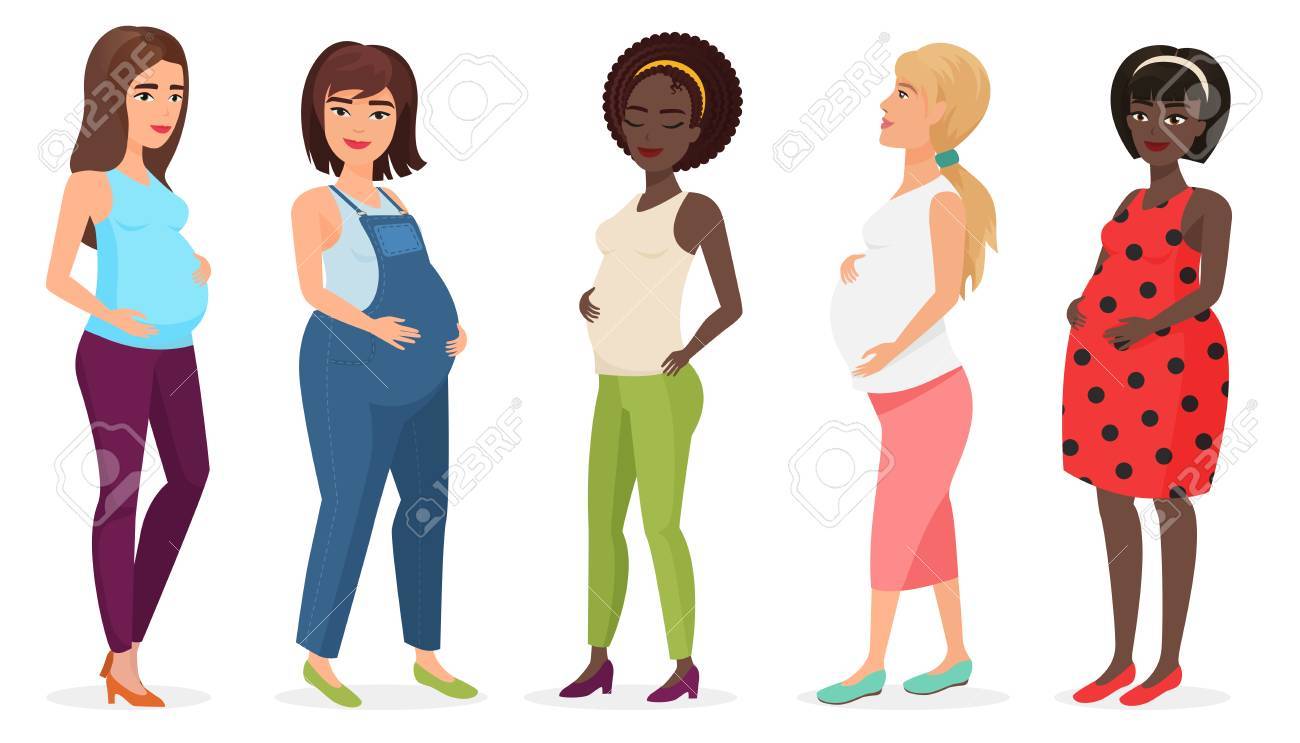 Conjunto De Moda Embarazada Feliz Mujer Mama Esperando Bebe En Vestidos Ilustracion De Vector De Dibujos Animados De Embarazo Ilustraciones Vectoriales Clip Art Vectorizado Libre De Derechos Image