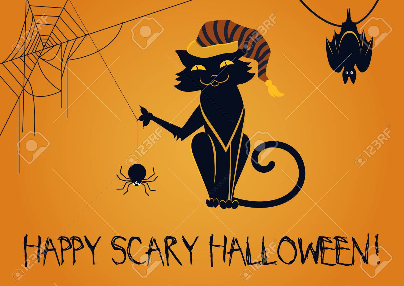 怖いハロウィーンあいさつとクモとコウモリかわいい黒猫のベクトル イラスト のイラスト素材 ベクタ Image