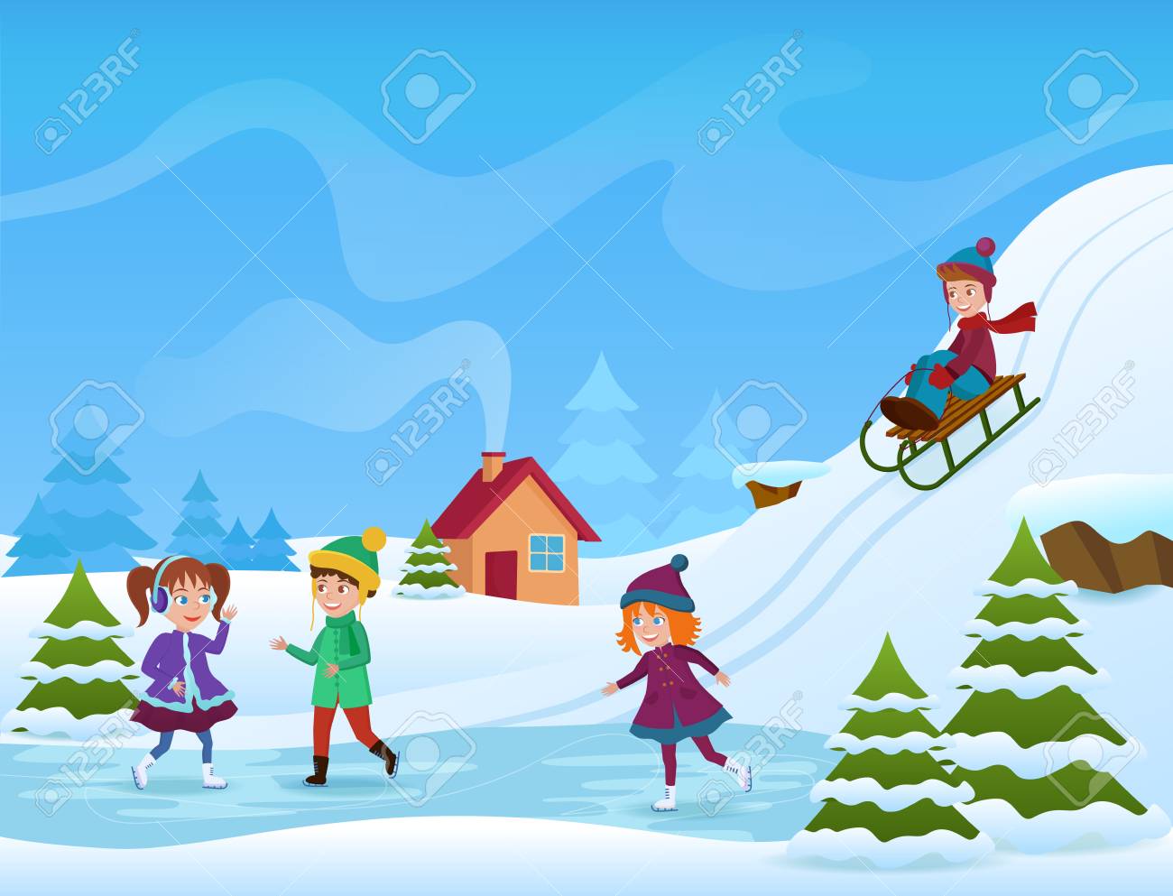 Vector Illustration Of Cheerful Kids Ice Skating And Sledging In Winter.  Winter Holifays Card. Royalty Free SVG, Cliparts, Vectors, and Stock  Illustration. Image 88121512., image size:1300x993