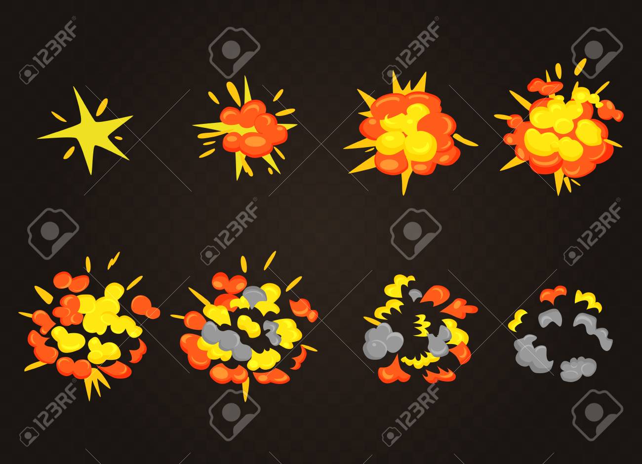 滑らかなベクトル爆発効果 爆弾ブームのトップビュー 漫画の爆発アニメーションゲームフレーム のイラスト素材 ベクタ Image