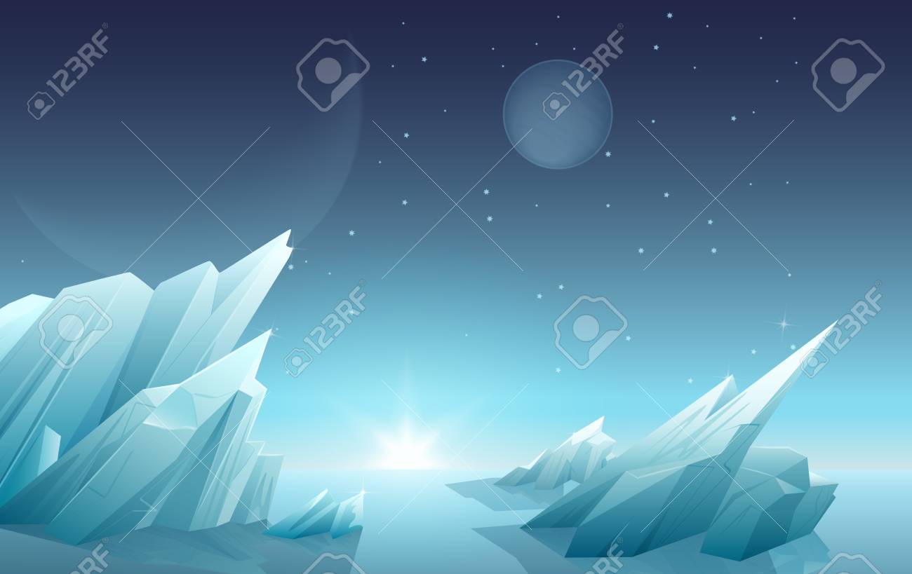 氷の岩 惑星 空の星と別のエイリアン惑星の風景の日の出 銀河空間自然パノラマ のイラスト素材 ベクタ Image