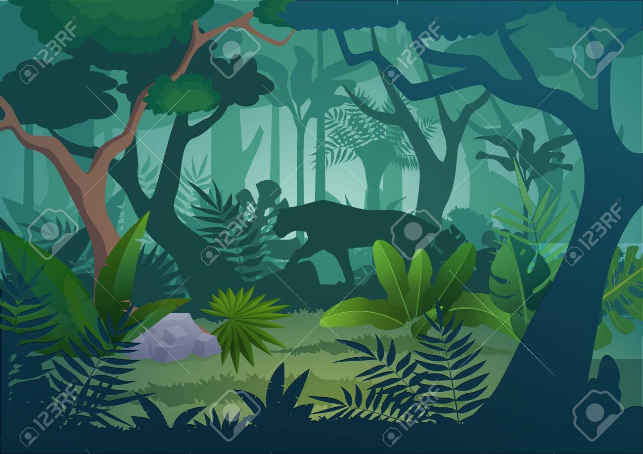 Vector cartoon tropical jungle rainforest background with walking jaguar tiger. - 103521551 Vector cartoon tropical jungle rainforest background with walking jaguar tiger. - 103521551
