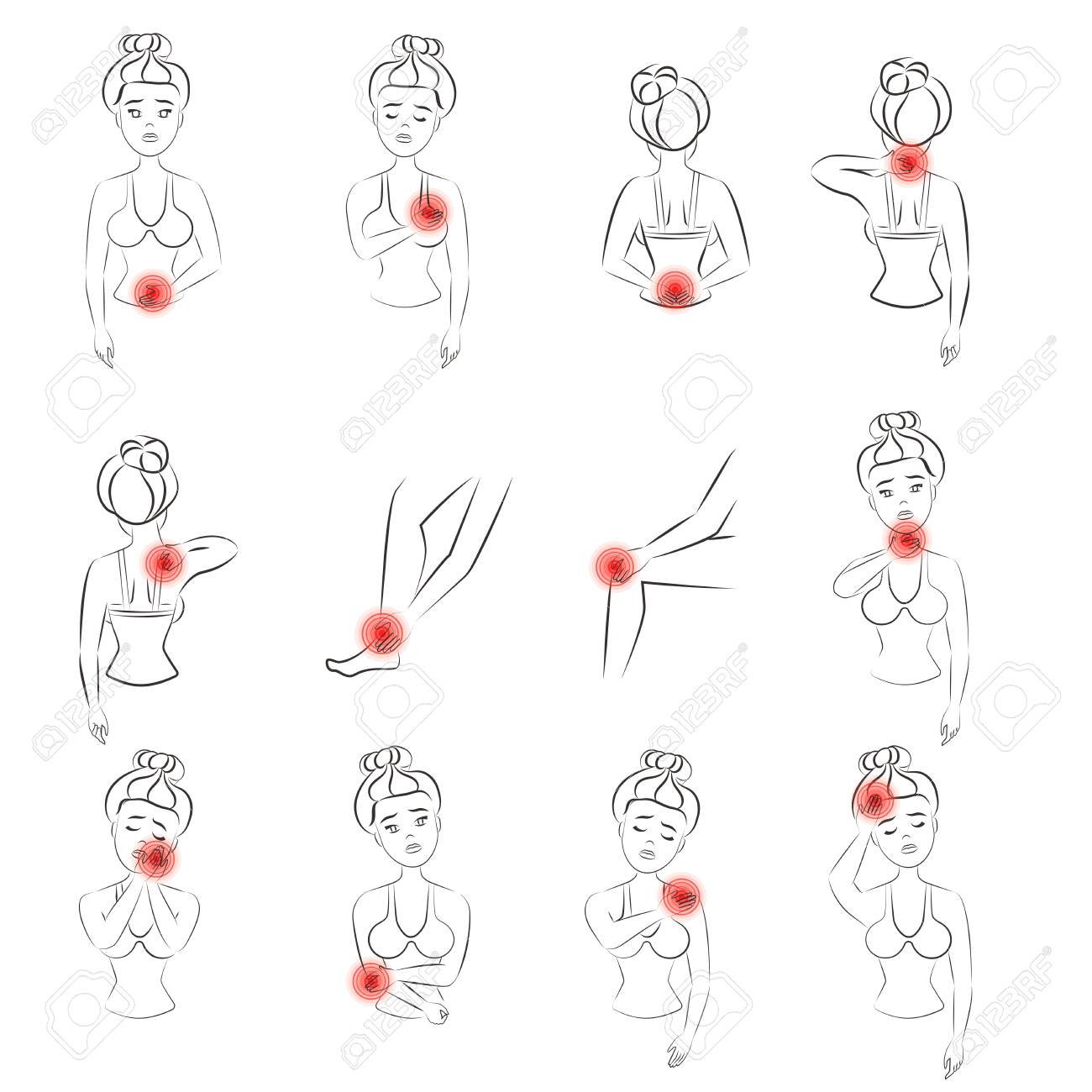 Outline vector illustration of woman pain set. Line female feeling pain in different body parts - 122040222 Outline vector illustration of woman pain set. Line female feeling pain in different body parts - 122040222