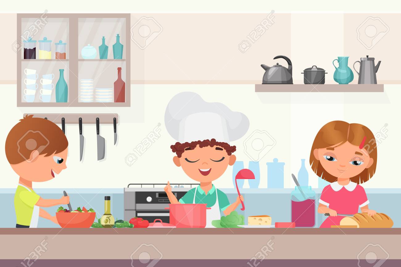 Happy little cute children kids cooking delicious food in the kitchen. Chef boy in a cooks cap holds a ladle cooking soup, girl cuts the baton, kid in an apron prepares salad vector illustration. - 122604950 Happy little cute children kids cooking delicious food in the kitchen. Chef boy in a cooks cap holds a ladle cooking soup, girl cuts the baton, kid in an apron prepares salad vector illustration. - 122604950