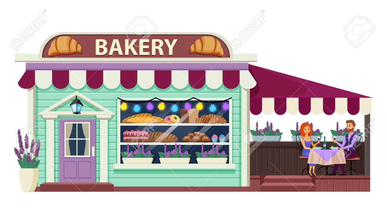 Bakery Flat Vector Illustration. Pastry Cafe Exterior. Bakeshop Front View.  Patisserie Establishment With Vitrine And Terrace. French Cafeteria  Building. Storefront Cartoon Background Royalty Free SVG, Cliparts,  Vectors, and Stock Illustration. Image ..., image size:1300x731