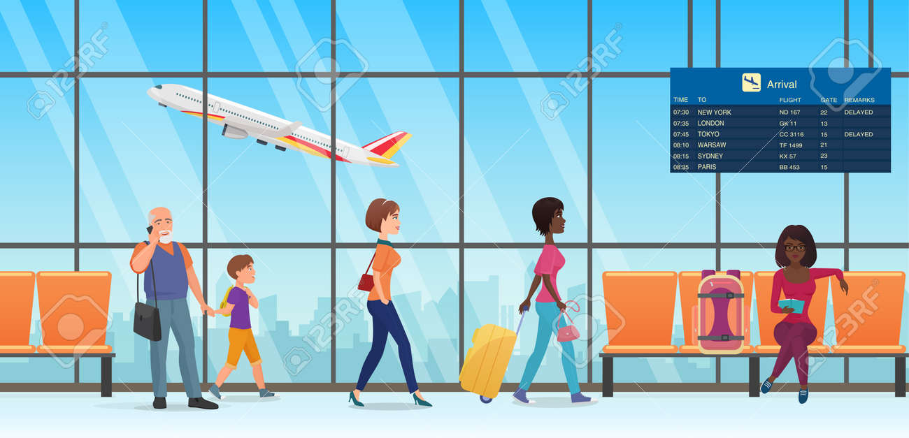 People passengers in international departure airport terminal interior vector illustration. Cartoon family tourist characters walking, talking by phone, waiting and sitting in chairs background - 169878311 People passengers in international departure airport terminal interior vector illustration. Cartoon family tourist characters walking, talking by phone, waiting and sitting in chairs background - 169878311