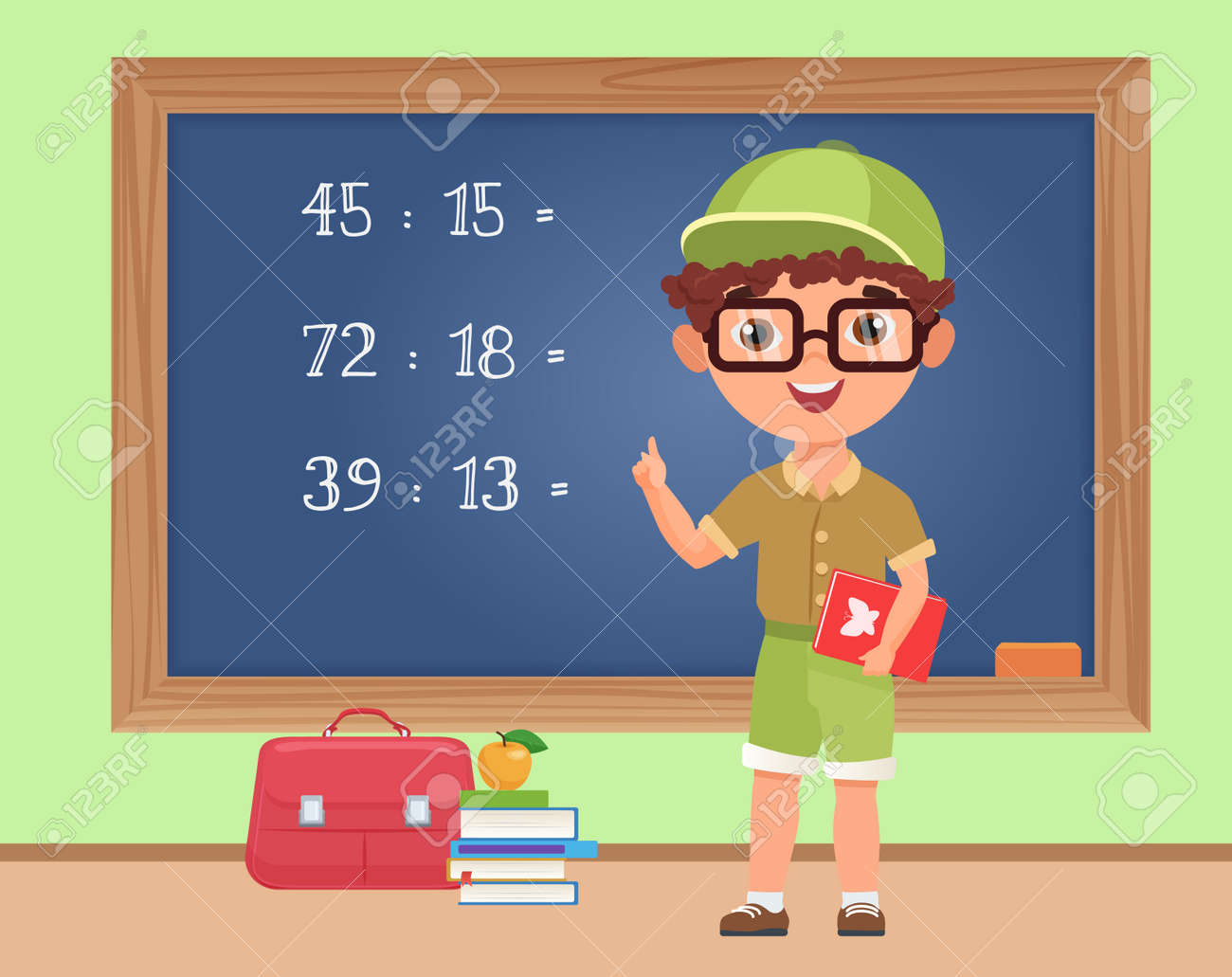 Kid boy student studying math in classroom, education vector illustration. Cartoon schoolboy standing at blackboard to write mathematical exercise, elementary school pupil on math lesson background - 169878341 Kid boy student studying math in classroom, education vector illustration. Cartoon schoolboy standing at blackboard to write mathematical exercise, elementary school pupil on math lesson background - 169878341