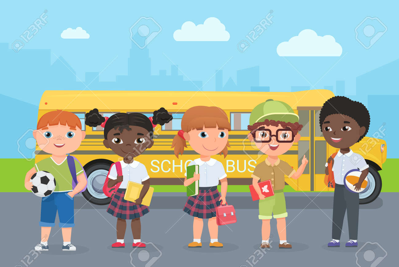 Happy kids stand on road in front of school bus vector illustration. Cartoon young schoolbus passengers travel to study, girl boy child holding ball, school bag and book, children go for knowledge - 169878343 Happy kids stand on road in front of school bus vector illustration. Cartoon young schoolbus passengers travel to study, girl boy child holding ball, school bag and book, children go for knowledge - 169878343