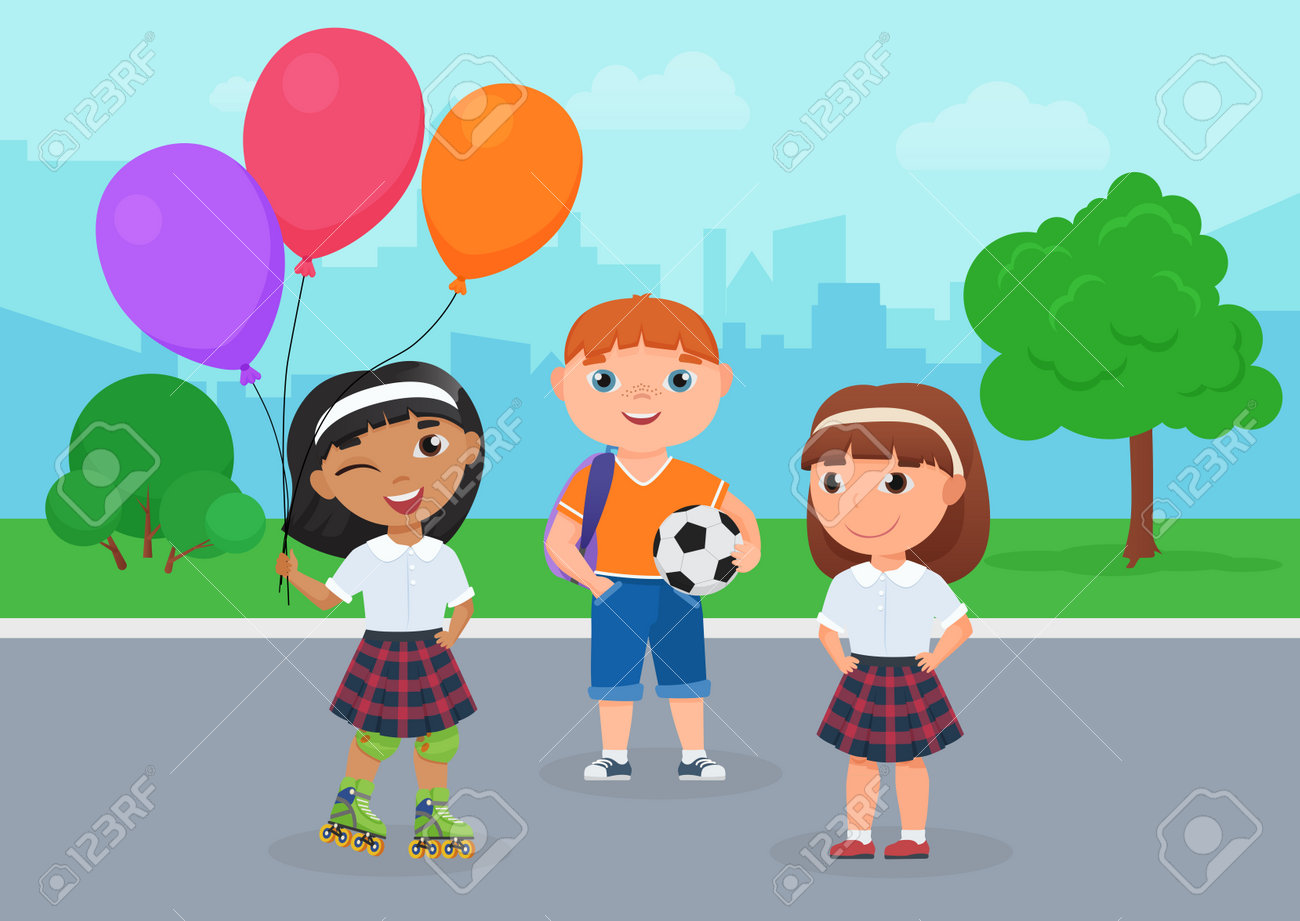 Happy friends children in school uniform stand together in park vector illustration. Cartoon girl in roller skates holding balloons, boy holding ball to play football, kids friendship background - 169878344 Happy friends children in school uniform stand together in park vector illustration. Cartoon girl in roller skates holding balloons, boy holding ball to play football, kids friendship background - 169878344